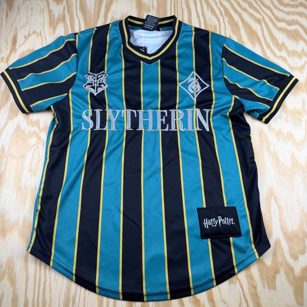 BoxLunch Harry Potter Slytherin Jersey Mens Small Teal Black Striped Shirt 07